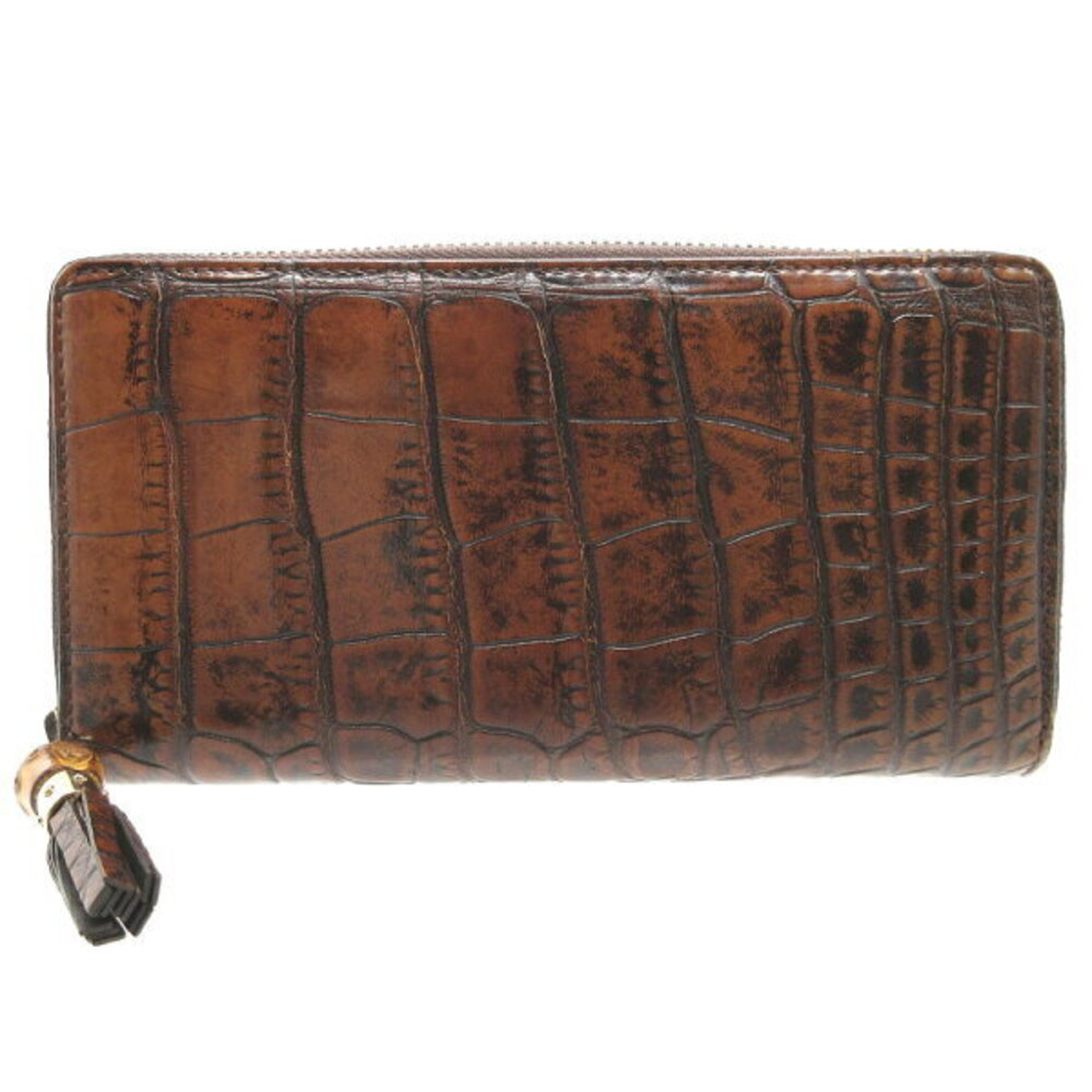 Gucci Crocodile Leather Long Wallet Bamboo Tassel Brown Round Zipper